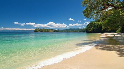 Fototapeta premium Tranquil Beach Scene with Blue Water, White Sand, and Lush Green Foliage