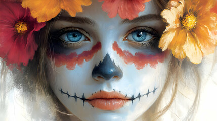 Illustration of a Woman with Floral Crown and Sugar Skull Makeup