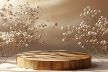 Fototapeta premium Delicate floral arrangement with round wooden platform and soft shadows in a serene environment