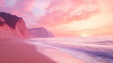 Fototapeta premium Pink Sunset Over Coastal Cliffs and Sandy Beach