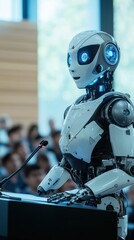 Ai robot teacher conducting college lecture in modern classroom