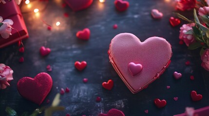 Obraz premium Heart-shaped cake celebrating valentine's day with romantic decorations