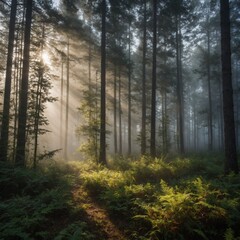 Fototapeta premium A foggy morning in a quiet forest, with the sun slowly filtering through the mist.