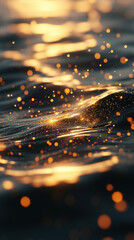Naklejka premium Sparkling golden light reflections dance on ocean waves at dusk. Realistic style. Dark background. Concept of natural beauty and tranquility