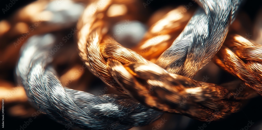 Poster close-up of intertwined metallic ropes showcasing texture and color contrast.