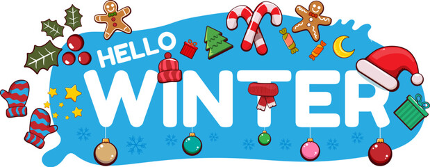 Hello winter banner design template with santa hat, christmas tree, candy, hat, mittens, berries, stars, gifts, balls, moon , gingerbread man, cookies. Hello winter blue sticker isolated on white