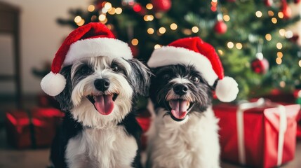 Playful dogs in Santa hats posing cheerfully in front of a beautifully decorated Christmas tree with colorful lights and presents.