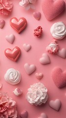 Pink valentine's day background showing assorted sweets and flowers forming a pattern