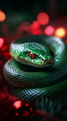 Obraz premium A close-up of a vibrant green snake resting on a colorful surface with soft lights in a dim setting