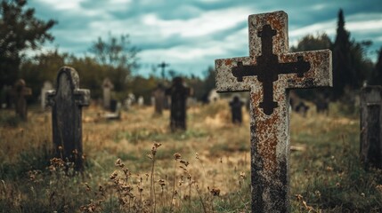 Desolate cemetery in an eerie landscape, featuring weathered graves and rusted crosses under a dramatic cloudy sky.