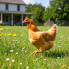 A curious chicken pecking at the grass in a lush green field with a farmhouse in the distance