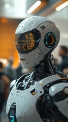 Fototapeta premium Ai robot professor in hightech classroom with holographic projections