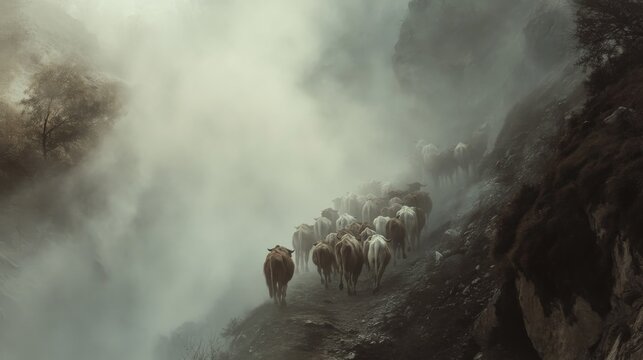  a group of livestock herders migrating down a misty mountain trail, symbolizing the seasonal migration of Udhauli Parva, with ample copy space for text, 