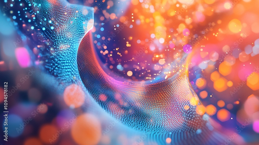 Poster Abstract particles flowing across colorful bokeh lights background