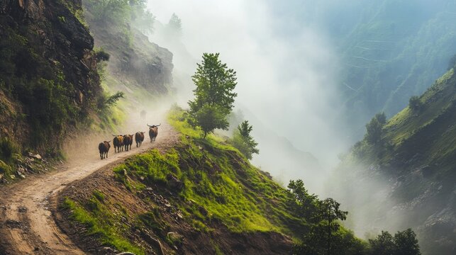  a group of livestock herders migrating down a misty mountain trail, symbolizing the seasonal migration of Udhauli Parva, with ample copy space for text, 