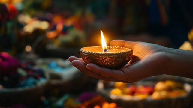 a hand holding a lit oil lamp against a backdrop of harvest baskets and colorful Kirat symbols, honoring Udhauli Parva, with ample copy space for text, captured in soft 
