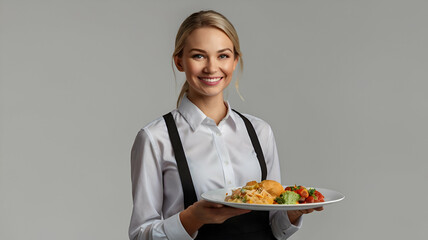 smiling female waitress holding a plate of food on transparent background, smiling girl, waitress, smiling waitress, food, plate of food, chef, staff