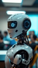 Fototapeta premium Humanoid ai robot instructor in minimalist classroom setting