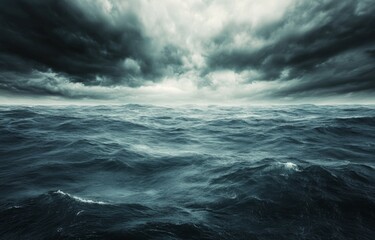 Dark storm clouds over turbulent ocean waters create a dramatic seascape