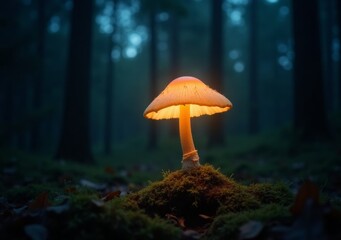 Fototapeta premium Glowing mushroom illuminates a misty forest at twilight