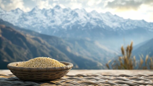 a wooden basket of millet, maize, and rice placed on a woven mat with a distant view of snowcapped mountains, representing the harvest offerings of Udhauli Parva, 