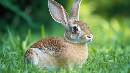 Vigilant hare with long ears perched in a lush grassy field, showcasing its soft fur and alert expression against a blurred green background.
