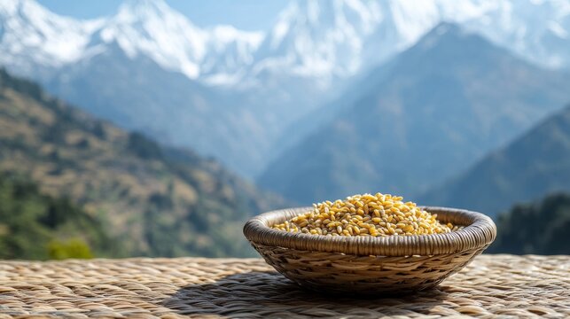a wooden basket of millet, maize, and rice placed on a woven mat with a distant view of snowcapped mountains, representing the harvest offerings of Udhauli Parva, 
