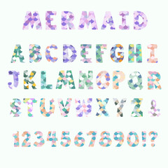 Mermaid themed alphabet and numbers with a colorful fish scale pattern design, featuring pastel shades. Colorful childrens alphabet. Number 9- 0 and Symbol
