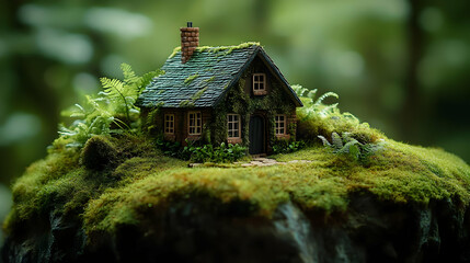 Miniature House on Mossy Hilltop - Illustration