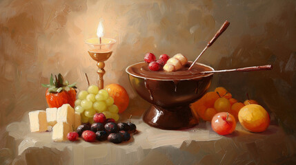 Chocolate fondue with fruits arranged beautifully with candlelight ambiance