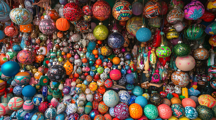 A vibrant collection of ornaments displayed in a colorful holiday market stall.