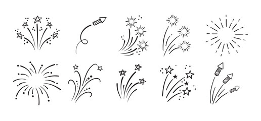 Fireworks and stars doodle Hand drawn set. Doodle Firework sketch. Linear vector explosions collection