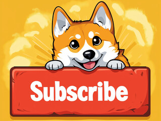 Doge Shiba Inu dog with raised eyebrows and surprised expression, peeking out from behind a huge "Subscribe" button, depicting the concept of growing an online audience or subscriber base. 