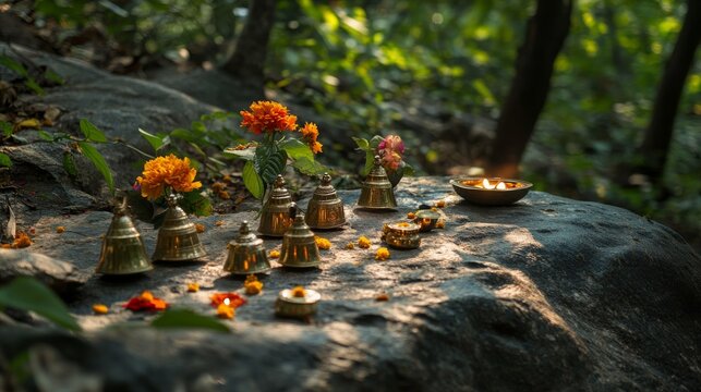 ceremonial bells and traditional Kirat offerings like flowers, leaves, and millet, arranged on a rock surface in a forest setting for Udhauli Parva, 