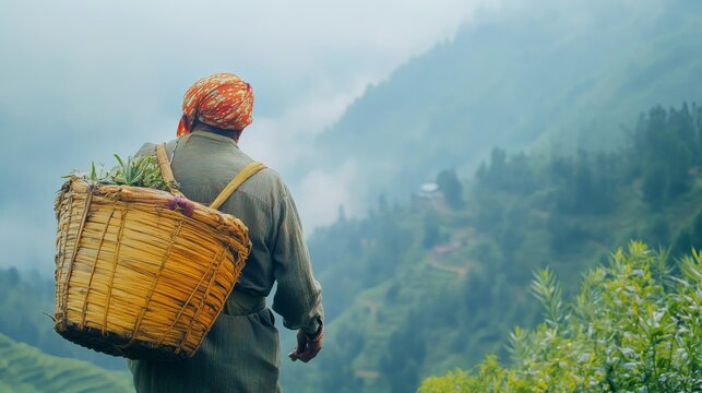  an elder Kirati farmer carrying a traditional bamboo basket (doko) on their back, with misty mountain terrain in the background, celebrating Udhauli Parva, 