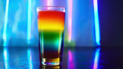 Colorful layered drink in a glass illuminated by vibrant neon lights at a bar during the evening