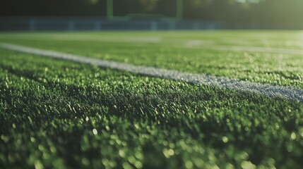 Close-up view of a well-maintained football field highlighting the vibrant green turf and white yard markings against a blurred background.