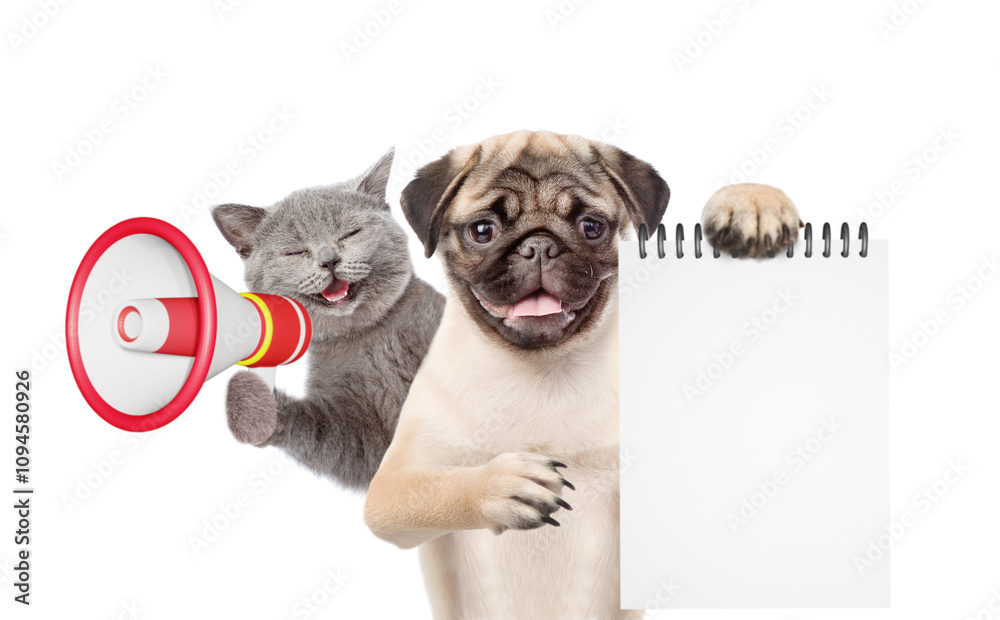 Poster Happy cat and Pug puppy looks at camera. Dog showing empty list. Kitten meowing into the megaphone. Empty space for text. isolated on white background