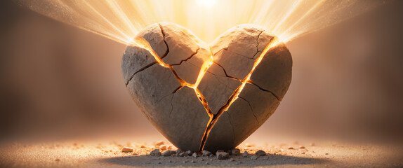 Broken stone heart illuminated by beams of golden light symbolizing healing and hope