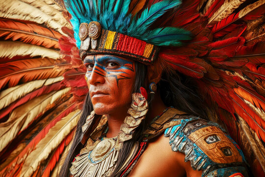 Aztec warrior in colorful feather costume