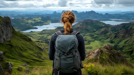 Naklejka premium Scenic Mountaintop View Hiking Backpack Landscape Photo