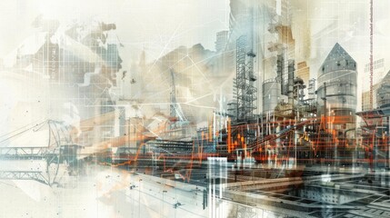 Industrial Complex with Overlaid Data Visualization