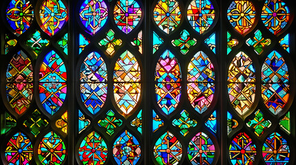A Stained Glass Window with Intricate Patterns and Vibrant Colors, Capturing the Beauty of Traditional Craftsmanship and the Play of Light in a Sacred or Historic Setting