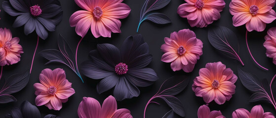 A seamless pattern of pink flowers on a dark background, perfect for a love celebration or Valentine's Day.