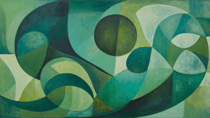 Painting consisting primarily of various green and teal geometric shapes, mainly circles and curves