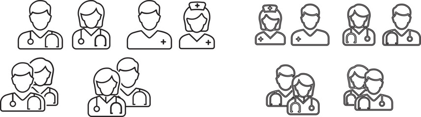 Doctor and Nurse line icons set. Vector illustration on a white background. Editable stroke