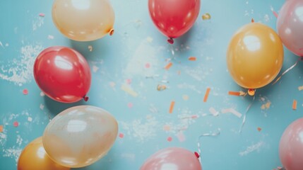 Colorful balloons scattered on a vintage blue tabletop with confetti, creating a festive atmosphere ideal for birthday or party backgrounds.