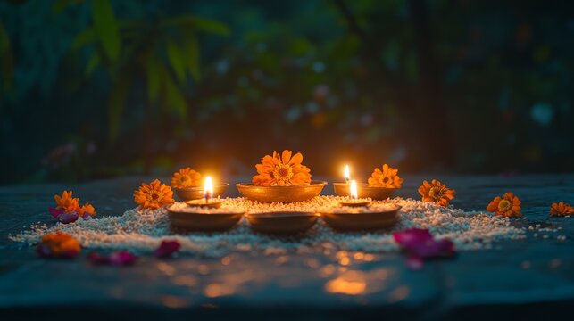a traditional Sakela altar decorated with rice grains, flowers, and lit oil lamps, symbolizing prayers for prosperity during Udhauli Parva, 