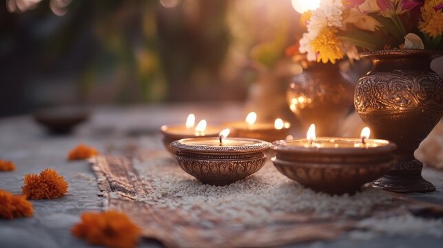 a traditional Sakela altar decorated with rice grains, flowers, and lit oil lamps, symbolizing prayers for prosperity during Udhauli Parva, 