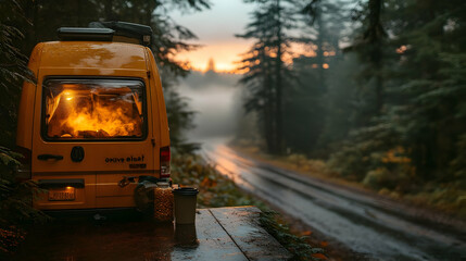 Cozy Camper Van Sunset Forest Road Trip Illustration